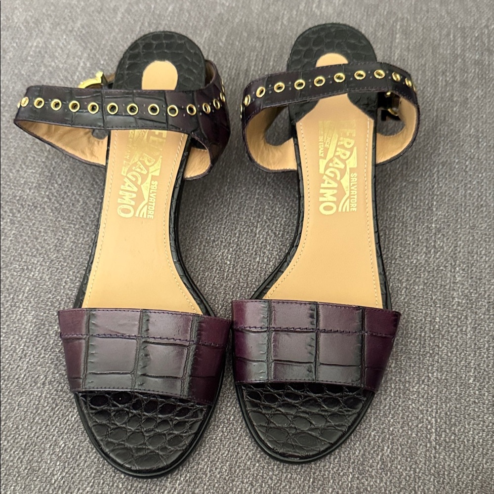 Salvatore Ferragamo Black and Purple Embossed Sandals
